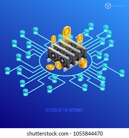 Vector illustration with bitcoin, bitcoin icon on the Internet, bitcoin, bitcoin mining on the Internet.