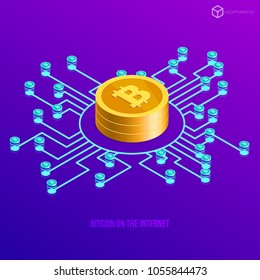 Vector illustration with bitcoin, bitcoin icon on the Internet, bitcoin, bitcoin mining on the Internet.