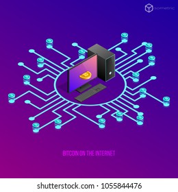 Vector illustration with bitcoin, bitcoin icon on the Internet, bitcoin, bitcoin mining on the Internet.