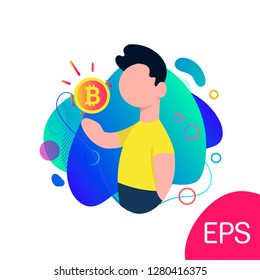 Vector illustration. Bitcoin. Man holding Golden coin in hand. Trendy flat style