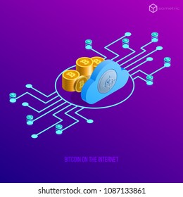 Vector illustration of bitcoin mining, coins bitcoin isometric cloud as safe, storage bitcoin