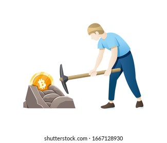 Vector illustration Bitcoin mining concept. Cryptocurrency concept with young man miner and coins. Young man with pickaxe working in bitcoin mine. Vector illustration in a flat style