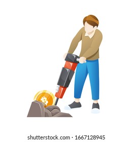 Ilustración vectorial Concepto de minería de bitcoin. Concepto de criptomoneda con minero joven y monedas. Joven con jackhammer trabajando en la mina de bitcoin. Ilustración de vectores en un estilo plano