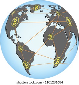 Vector illustration of bitcoin network around the world.