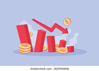 Vector illustration, bitcoin price collapse. Bitcoin graph falling down, Bitcoin logo,bitcoin crypto currency falling down. 