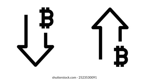Vector illustration of Bitcoin price up and down arrows, symbolizing cryptocurrency market fluctuations, trading, and investment changes. Editable stroke.