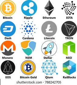 Vector Illustration Of Bitcoin, Ripple, Ethereum, Dash, Cardano, Litecoin, Monero, NEM, Stellar, IOTA, TRON, NEO, EOS, Bitcoin Gold, Qtum, RaiBlocks Cryptocoin / Virtual Money Icon / Logo Set In Color