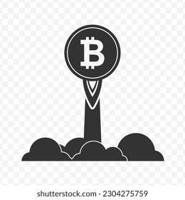 Vector illustration of bitcoin rocket money icon in dark color and transparent background(png).