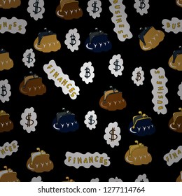 Vector illustration. Bitcoin seamless pattern. Icons on brown, black and white colors. Of Outline Tile Background. Cryptocurrency Financial Items.