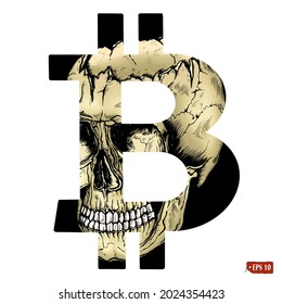 Vector illustration of bitcoin with a skull. Hand drawn vector illustration of bitcoin, cryptocurrency. Elements for label design, background, factories, banners, tattoo, T-shirt.