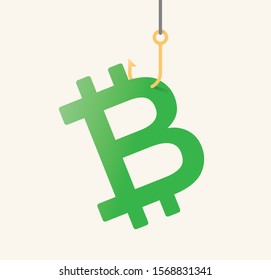 Vector illustration of bitcoin symbol on fishing hook. Concepts: Greed for profit, Crypto currency growth planning and investment, electronic (e-currency) money trap and legality etc.