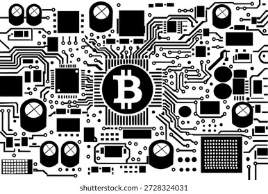 Ilustración vectorial de un símbolo de Bitcoin en un microchip rodeado de Elementos de circuitos electrónicos. Concepto de tecnología futurista que representa criptomonedas, blockchain y finanzas digitales.