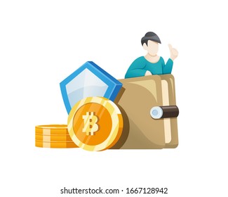 Vector illustration Bitcoin wallet concept. Man investing a bitcoin in his wallet, Digital crypto currency blockchain, internet bank, Bitcoins money trading. Vector illustration in a flat style
