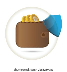 Vector illustration Bitcoin wallet security. Wallet and protective shield, safety service payment.