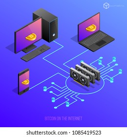 Vector illustration of bitcoins extraction, bitokoyn in isometric telephone coins computer laptop isometry