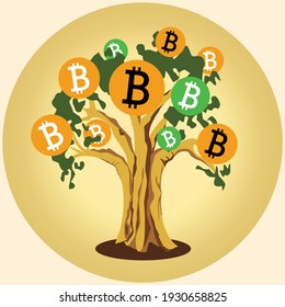 ilustración vectorial de bitcoines en el árbol
