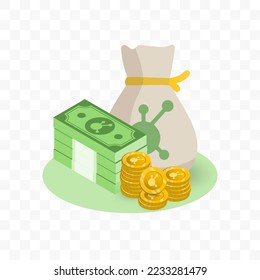 Ilustración vectorial de la moneda BitConnect. Patrón aleatorio de billetes y monedas en color verde y oro sobre fondo transparente (PNG). 
