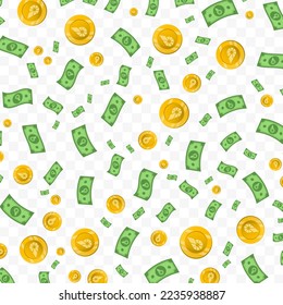 Vector illustration of BitShares money. Random pattern of banknotes and coins in green and gold colors on transparent background (PNG). 