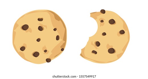 Vector illustration bitten chocolate chip cookie. Freshly baked choco cookie icon set