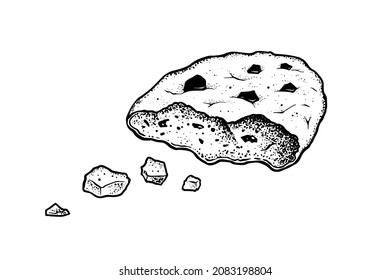Vector illustration of bitten Chocolate Chip Cookie. Vintage style drawing isolated on white background.