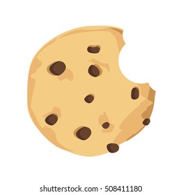 Vector Illustration Bitten Chocolate Chip Cookie. Freshly Baked Choco Cookie Icon