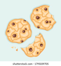 Vector Illustration of a Bitten Cookies with Chocolate Drops on  Blue background.Homemade Sweets in Flat and Cartoon style.Cute Food for Web,Graphics, and Design.