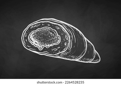 Vector illustration of bitten Croissant. Chalk drawing isolated on chalkboard background.