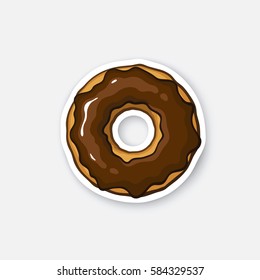 Vector illustration. Bitten donut with chocolate glaze. Sticker in cartoon style with contour. 