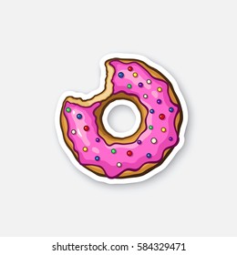 Vector illustration. Bitten donut with pink glaze and colored powder. Sticker in cartoon style with contour