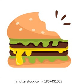 Vector illustration of bitten hamburger filled with cooked meat and cheese, business and restaurant themes, suitable for advertising food products.