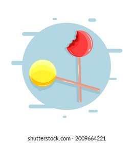 Vector illustration of bitten lollipop. Yellow and red lollipop on the blue background. Cranberry and lemon flavor. Sweets food.