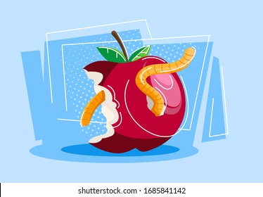 Imagen vectorial de una manzana roja mordida con un gusano dentro