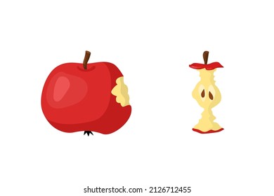 Ilustración vectorial de manzana roja mordida y núcleo de manzana. Dibujo plano de dibujos animados de frutas y artículos de basura.