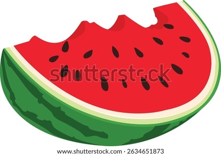 Vector illustration of bitten red watermelon slice with green rind and black seeds isolated on transparent background. Hand drawn trendy flat style.