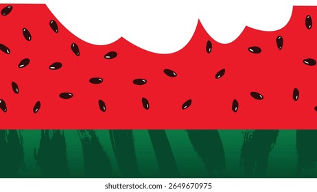 Ilustração vetorial de uma fatia de melancia mordida com sementes pretas e crosta verde listrada, isolada sobre um fundo transparente