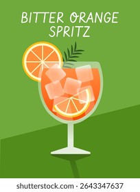 Vector illustration of Bitter Orange Spritz cocktail in a glass with orange slices and ice. Green background, perfect for summer drink designs.