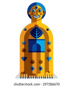 Vector illustration of bizarre modernistic avatar, cubism theme picture. Colorful drawing of spiritual totem, fantastic shaman isolated on white.