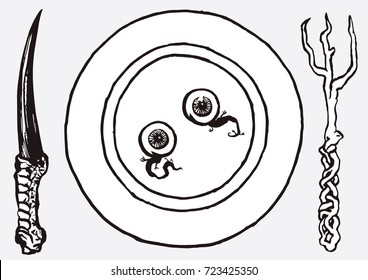 Vector illustration of bizarre witches plate setting. Bird claw knife, fork and plate with two eyes with tiny legs on it. Isolated on light background.