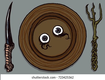 Vector illustration of bizarre witches plate setting. Bird claw knife, fork and plate with two eyes with tiny legs on it. Isolated on light background.