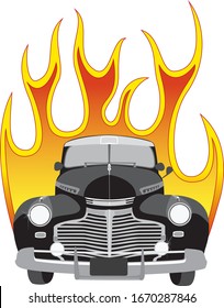 Vector Illustration of a black 1941 coupe style car, front view, with orange, red and yellow stylized flames coming out the back.