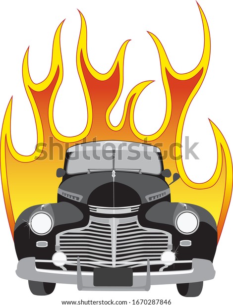 Vector Illustration of a black 1941 coupe style\
car, front view, with orange, red and yellow stylized flames coming\
out the back.