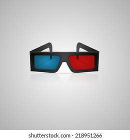 Vector illustration of black 3d cinema glasses. 3d cinema glasses with red and blue lens and back frame. Isolated vector illustration on gray.