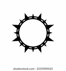 Vector illustration of black abstract geometric sun icon with sharp spikes forming a circular pattern. Ideal for graphic design, tattoo or symbolic artwork. Minimalist style with strong visual impact.