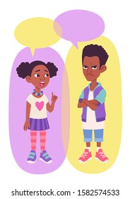 Vector Illustration. Black African American Children, Boy And Girl, Arguing, Discussing Or Disputing. Two Sad And Angry Cartoon School Kids Characters With Speech Bubbles And Empty Space For Text.  