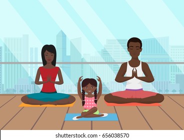 Vector illustration of the black african family meditating in fitness room on the modern city background.