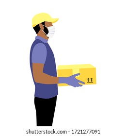 Ilustración vectorial de la camisa negra con barba en guantes protectores, máscara y tapa con el envase.  Entregar el concepto de paquete o paquete. Pedido de compra en línea