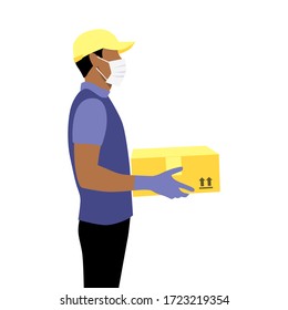 Vector illustration of black afro courier with beard in protective gloves, mask and cap with package.  Delivering the parcel or box concept. Online shopping order