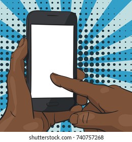 Vector illustration of black afro hand holding smartphone and finger pointing.  Blank screen on pop art background of blue rays and halftone dots