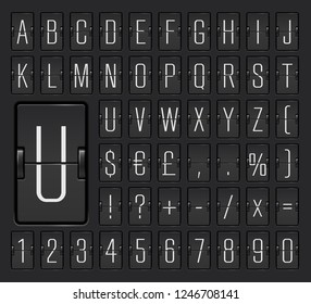 Vector illustration of black airline flip board alphabet for destination information or timetable. Airport terminal mechanical scoreboard light font with numbers to display flight departure or arrival