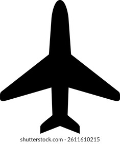 Vector illustration of a black airplane pictogram on a transparent background, symbolizing a travel concept.